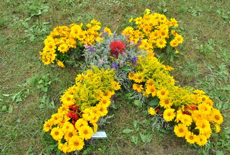 Līvānu pilsētas svētku ietvaros iedzīvotāji izveidojuši krāsainus ornamentus no ziediem. Foto: www.livani.lv 101406