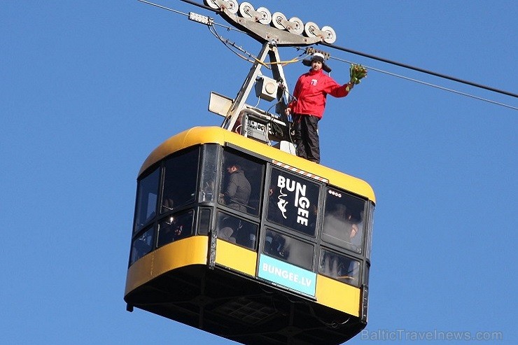 Siguldas Vagoniņa pasažieres Sieviešu dienā saņem ziedus no vīrieša, kurš negaidīti nolaižas no Vagoniņa jumta virs Gaujas 116249
