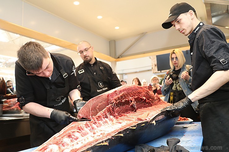 Skatītāju priekšā «Centrālais Gastro Tirgus» tiek sadalīts 208kg smags un 6.000 eiro vērts tuncis 250635